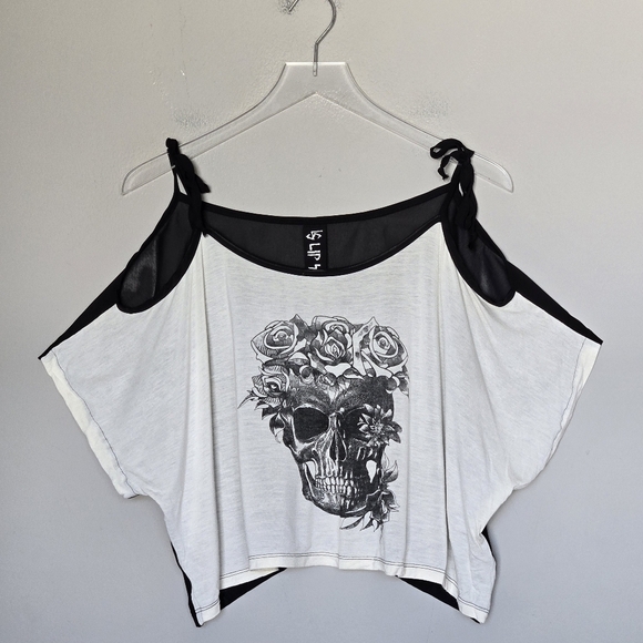 Lip Service Punk Alt Emo Skull Rose Cropped Tank Mesh Cold Shoulder Edgy Goth S - Picture 12 of 12